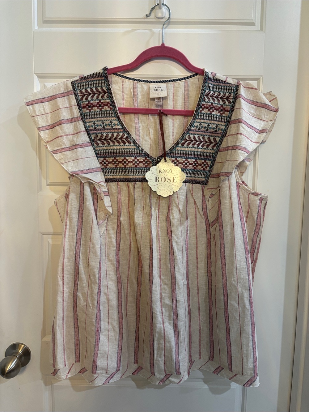 Knox Rose Striped Embroidered V-Neck Tunic - Cream & Mauve XXL